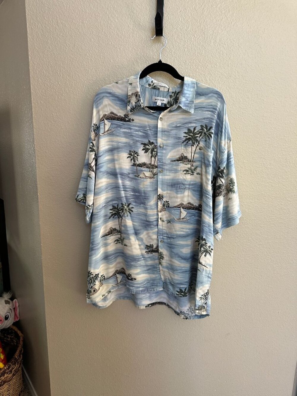 Pierre Cardin Mens XXL Hawaiian Rayon Button-Up Shirt Island & Palm Tree Print